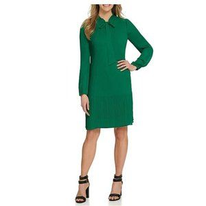 DKNY - Long Sleeve Pleated Tie Mock Neck Shift Dress